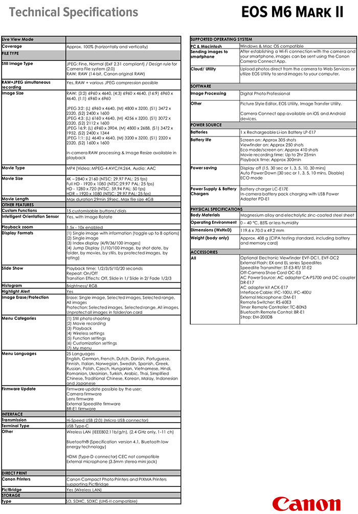 Full Canon Eos M6 Mark Ii Spec Sheet And Brochure Leaked Mirrorlessrumors