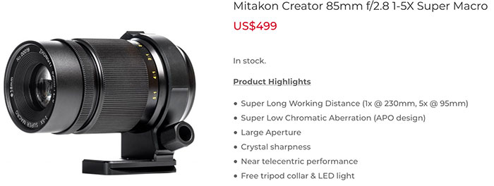 New Mitakon Creator 85mm f/2.8 1-5X Super Macro for MFT announced