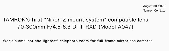 Tamron 70-300mm f/4.5-6.3 Di III RXD mirrorless lens for Nikon Z-mount  additional information - Nikon Rumors