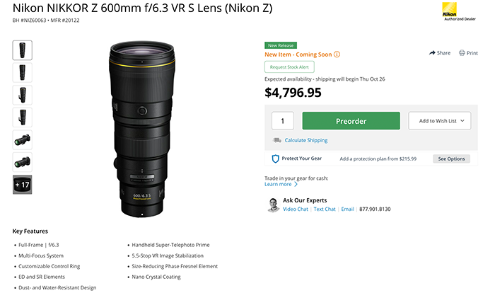 Nikon Z 600mm PF Lens  NIKKOR Z 600mm f/6.3 VR S Lens (Nikon Z) 20122 B&H  Photo